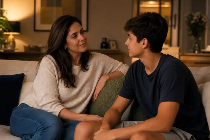 Madre che parla con il figlio adolescente con calma